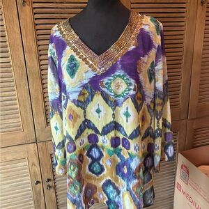Chico's Multicolor V-Neck Tunic with Gold Accents